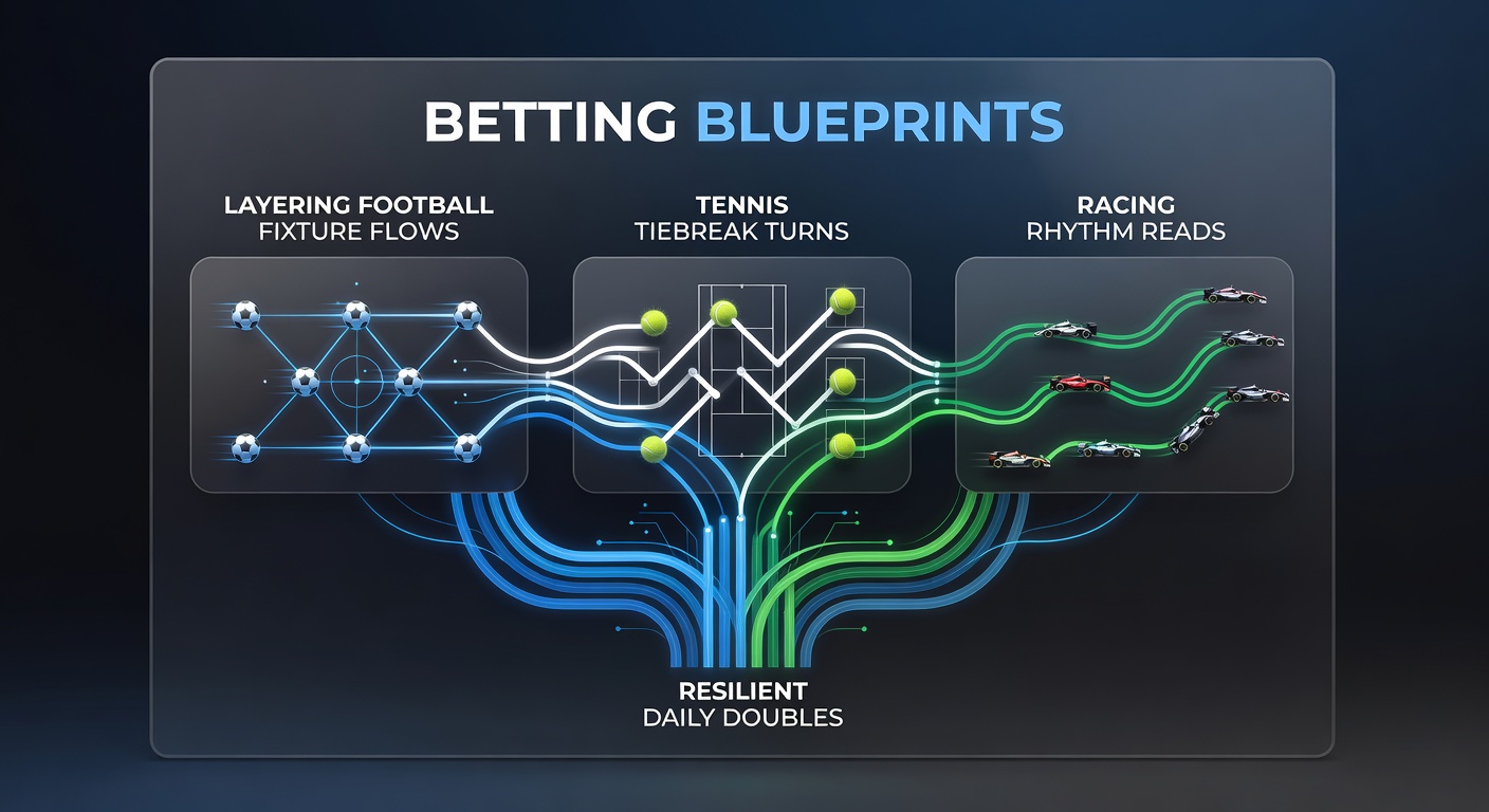 Visual breakdown of a daily double bet combining football match flow, tennis tiebreak momentum, and horse racing pace analysis