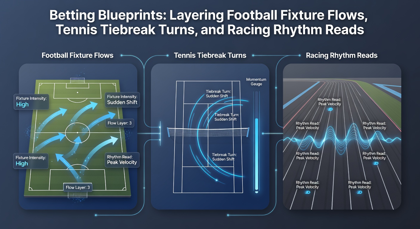 Chart illustrating tennis tiebreak win probabilities overlaid with horse racing pace maps and football fixture fatigue indicators for daily double construction