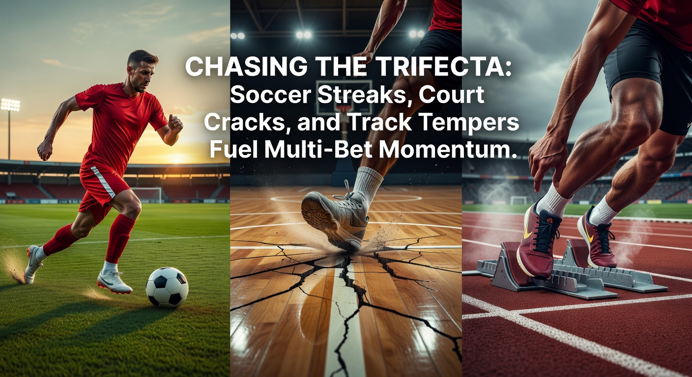 Collage of soccer players in mid-streak celebration, tennis player breaking serve on clay court, and horses charging down a sun-baked track under intense conditions