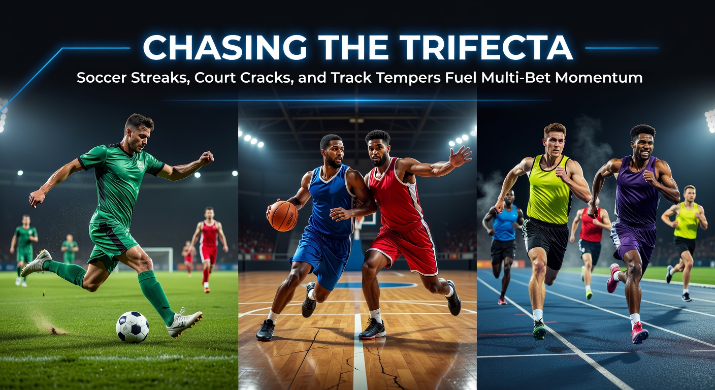 Close-up of a tense horse race on a firm track with rising temperatures, overlaid with tennis break point graphics and soccer streak charts