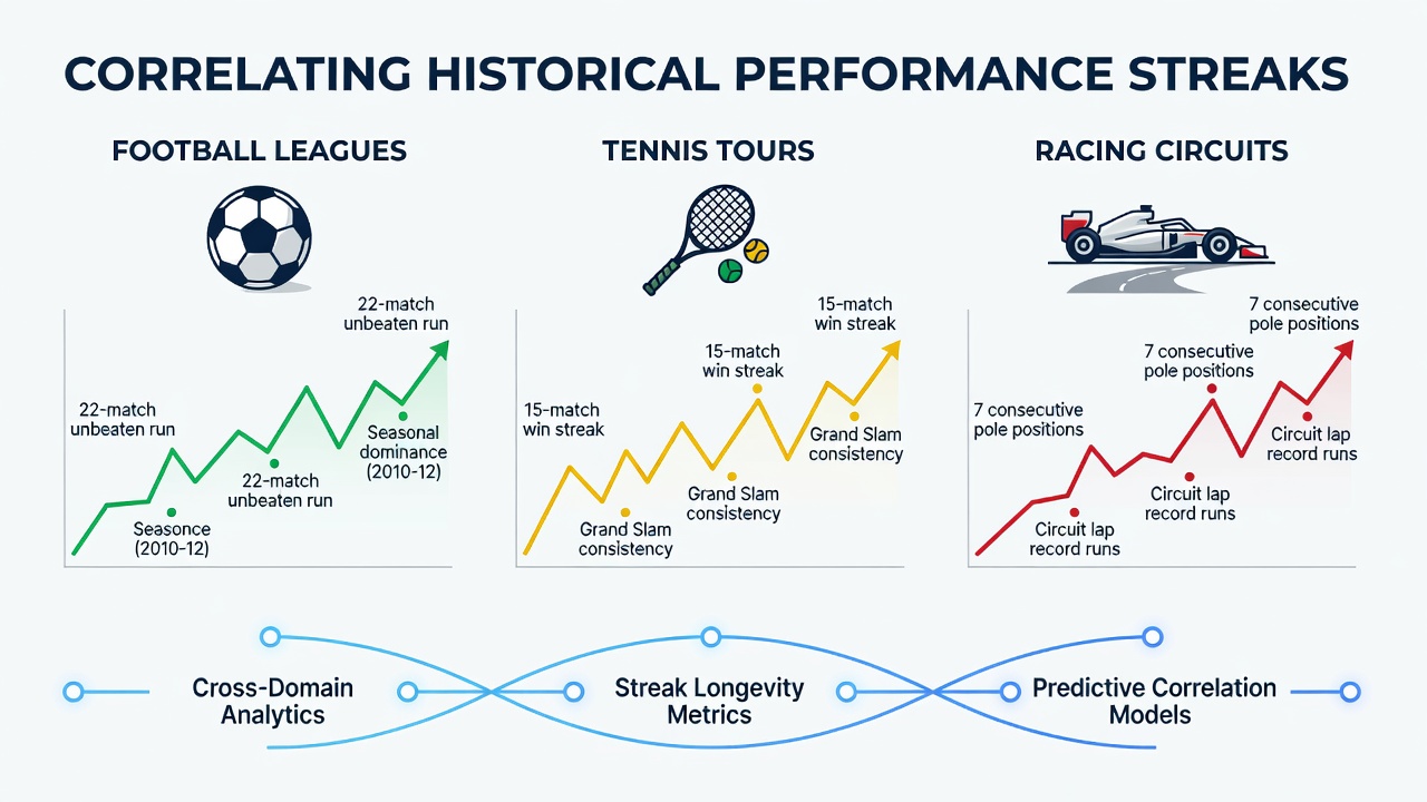 Data visualization showing correlated streaks between football, tennis, and racing for accumulator refinement