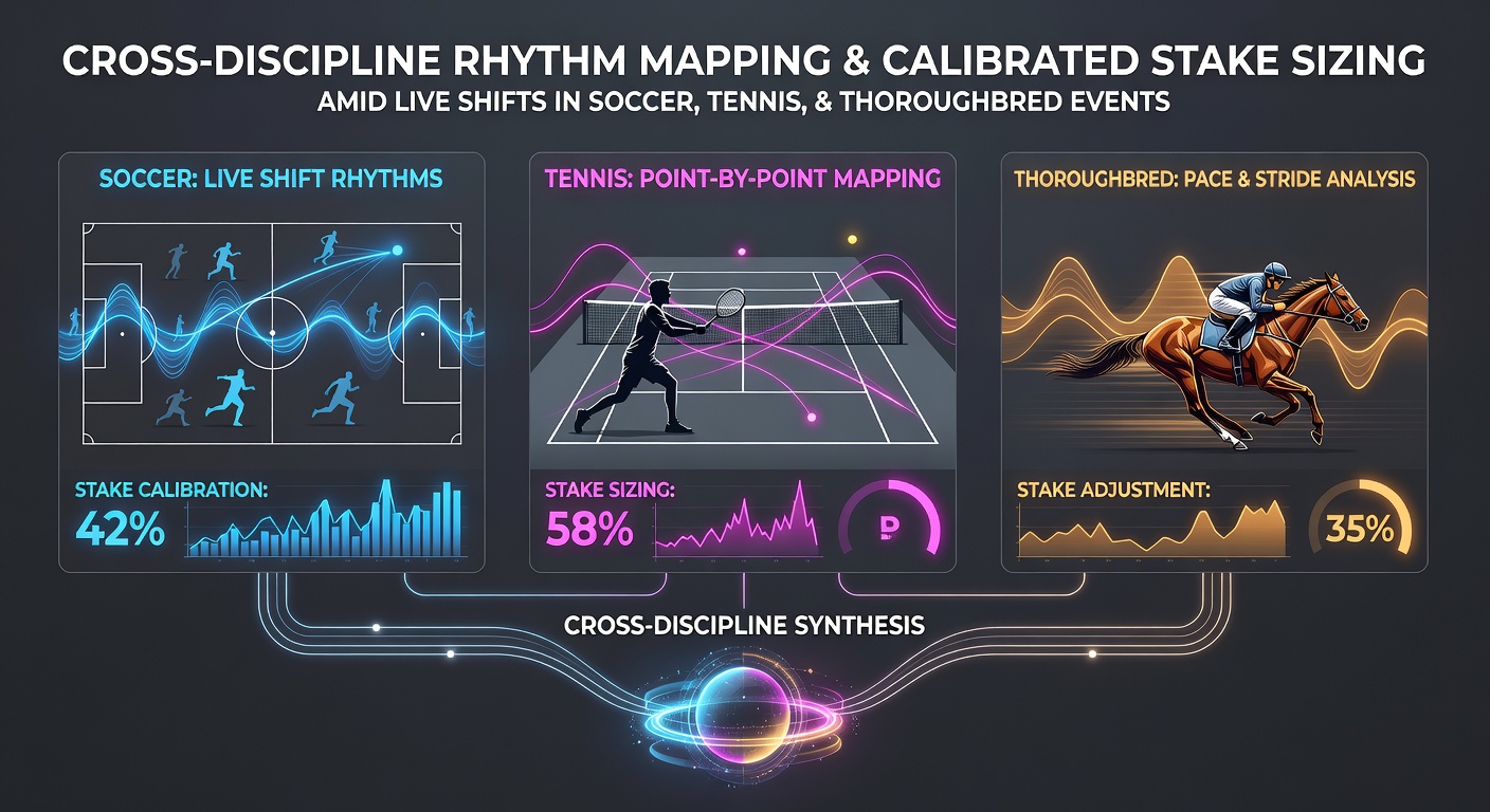 Visual representation of cross-discipline rhythm mapping showing synchronized data flows between soccer matches, tennis courts, and thoroughbred tracks with stake calibration indicators