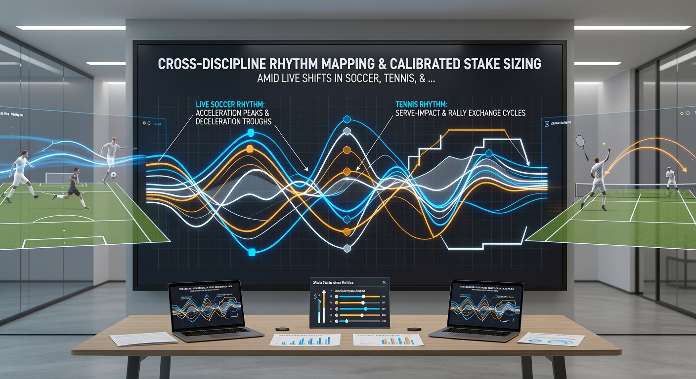 Infographic illustrating live stake calibration adjustments across soccer, tennis, and horse racing with rhythm pattern overlays and real-time data synchronization
