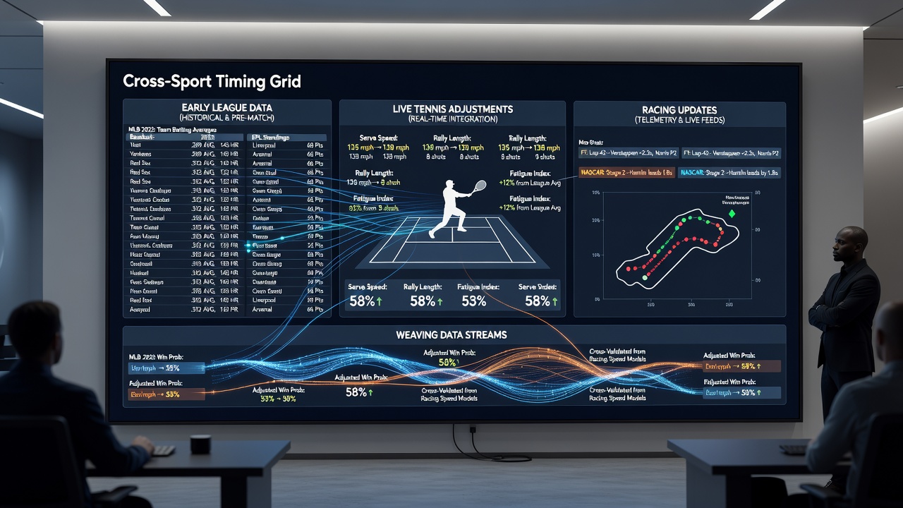 Screenshot of a timing grid dashboard displaying synchronized data streams from league tables, tennis scoreboards, and racing results
