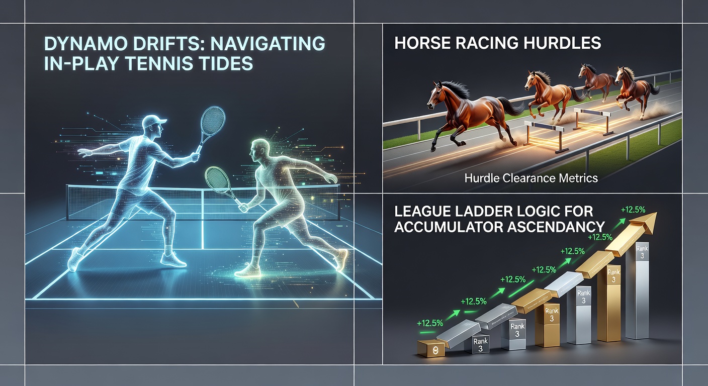 Dynamic odds drifts visualized in tennis in-play action, horse racing finishes, and football league climbs, forming accumulator strategies