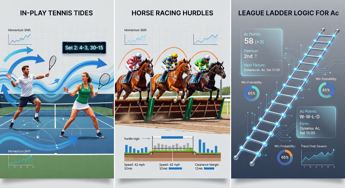Horse racing hurdles with odds drifting dramatically in the final stretch, syncing with tennis and league visuals for accumulator builds