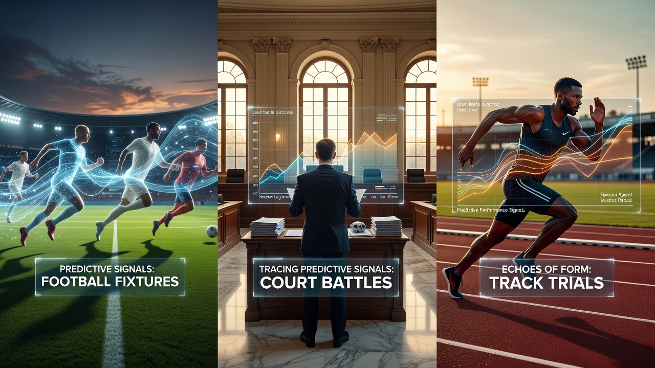 Composite visualization linking football league trends, tennis match statistics, and horse racing performance curves