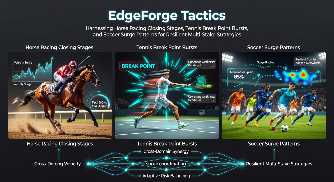 Horse racing finish line surge with tennis player serving and soccer goal celebration overlay, illustrating multi-sport momentum patterns