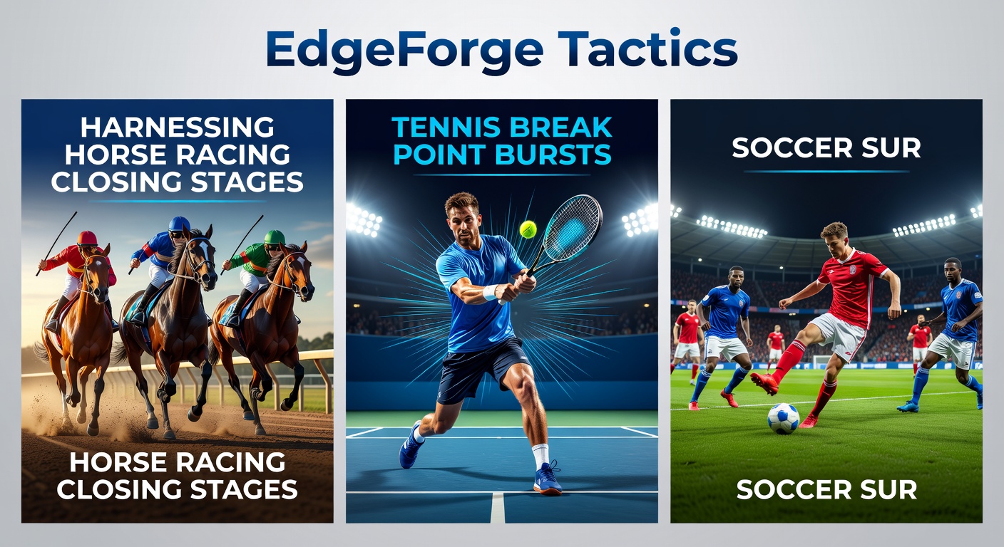 Tennis player converting break point amid intense rally, with horse closing and soccer late goal inset, capturing burst momentum