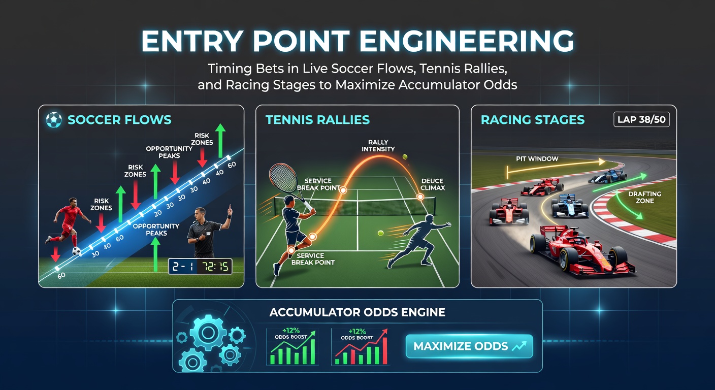 Dynamic chart overlaying live soccer match timelines, tennis rally sequences, and horse racing stage breakdowns to illustrate optimal bet entry windows