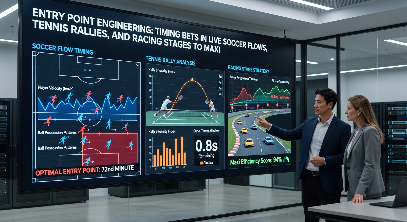 Close-up visualization of a tennis rally progression graph synced with odds fluctuations and entry point markers overlaid on a racetrack pace map