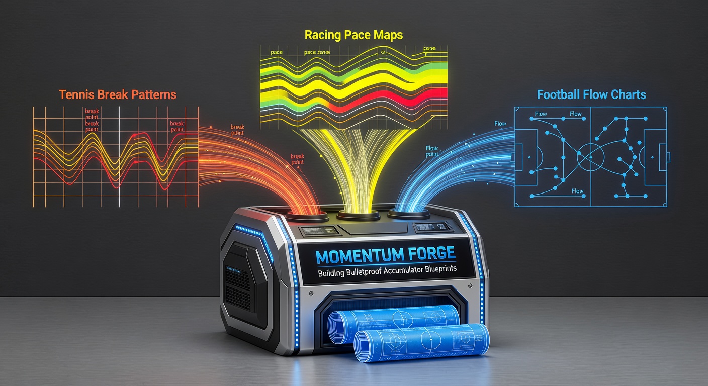 Visual representation of intertwined tennis break patterns, horse racing pace maps, and football flow charts forming a robust accumulator strategy blueprint