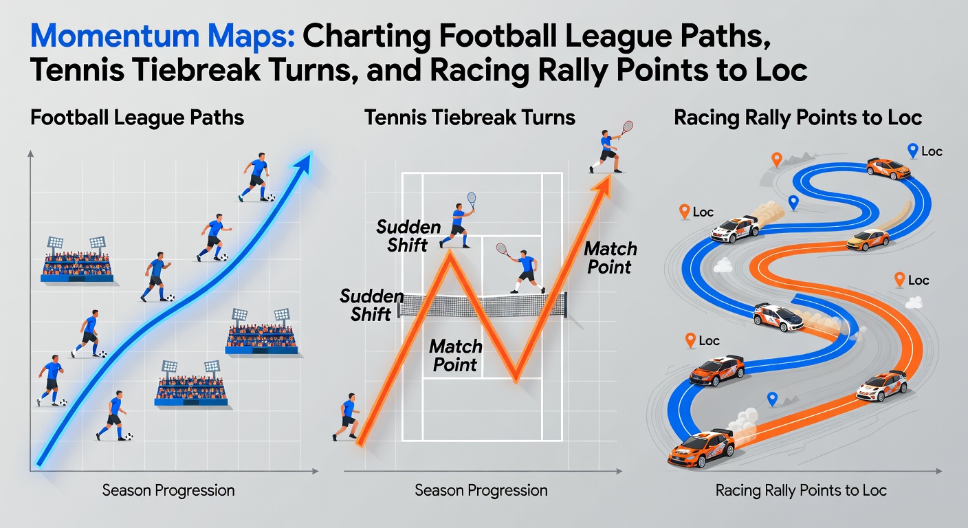 Dynamic visualization of rally racing momentum points overlaid on tennis tiebreak graphs and football league streak lines, illustrating accumulator integration
