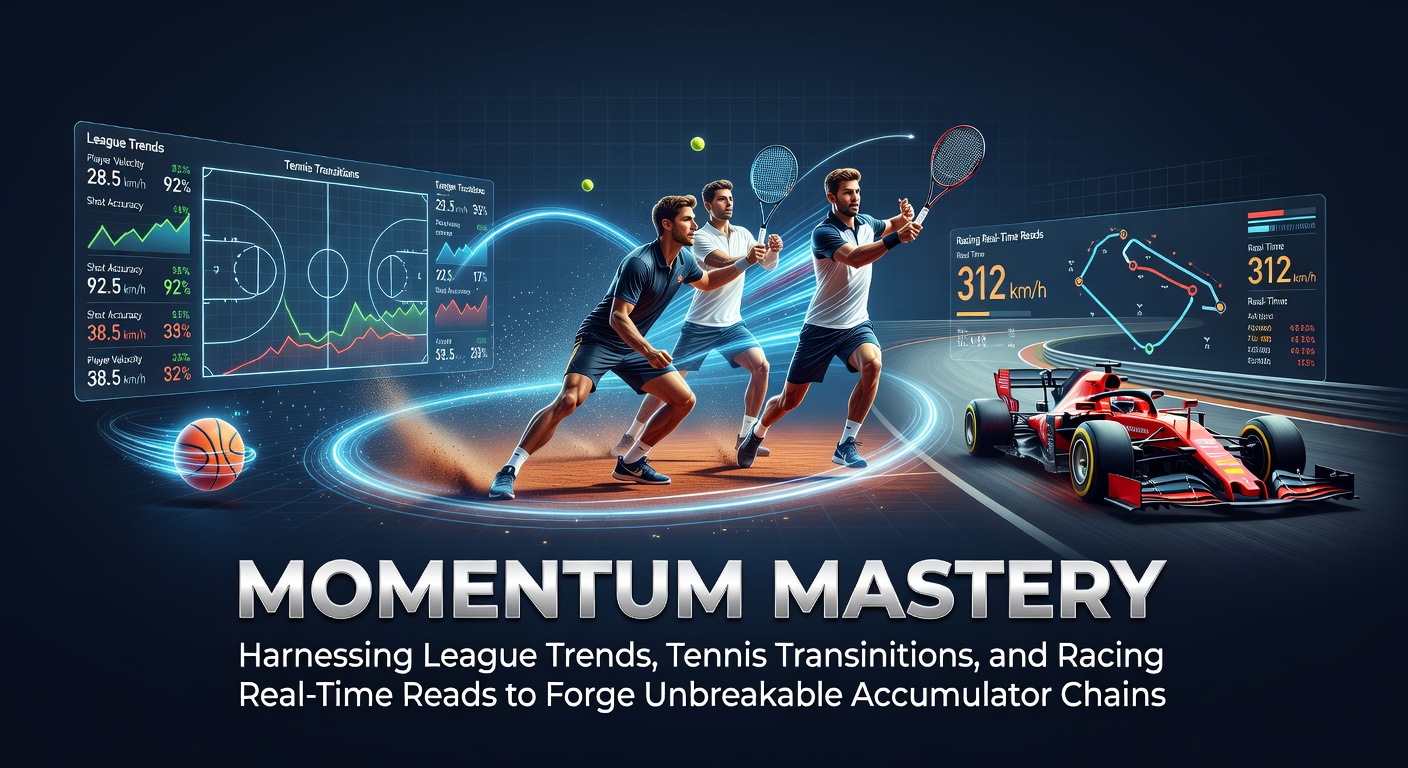 Graph showing intertwined lines of football league trends, tennis match momentum shifts, and horse racing live data feeds building toward a strong accumulator chain