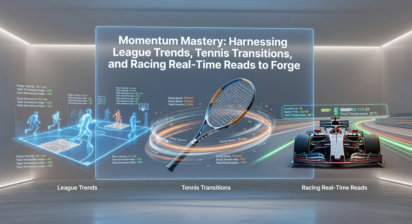 Dynamic split-image of a football stadium crowd surge, a tennis player mid-transition swing, and horses thundering down a racetrack with overlaid real-time data charts