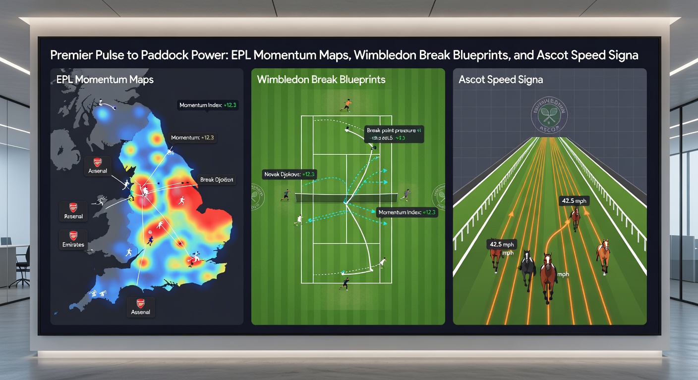 Visual fusion of EPL pitch heat maps, Wimbledon court break diagrams, and Ascot track velocity lines converging into a multi-bet accumulator success graph