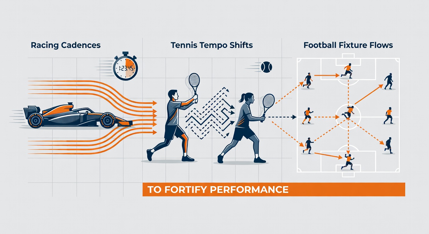 Close-up of tennis racquet swing transitioning to soccer ball in motion and horse hooves pounding track, symbolizing rhythmic integration
