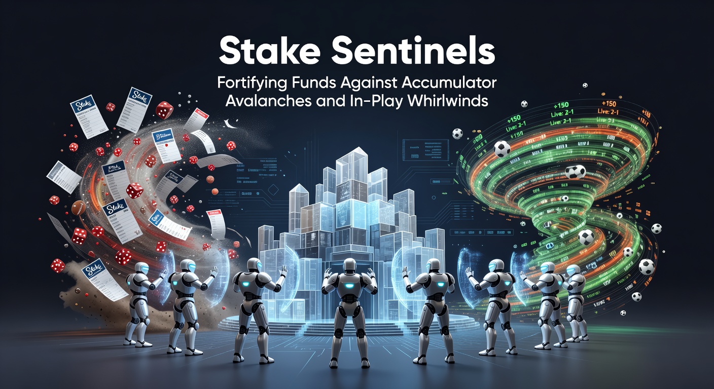 Visual representation of a fortified bankroll shield blocking cascading accumulator losses and swirling in-play bet volatility in sports betting scenarios