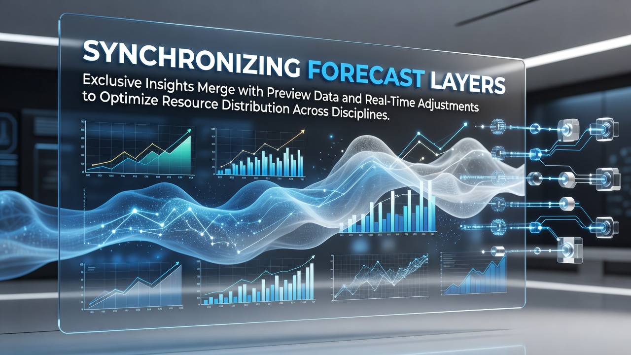 Visual representation of layered forecast synchronization showing data streams merging across multiple disciplines