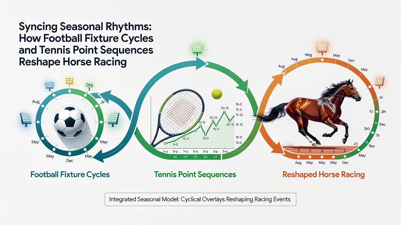 Horse racing form data intersecting with football and tennis schedules in layered betting structures