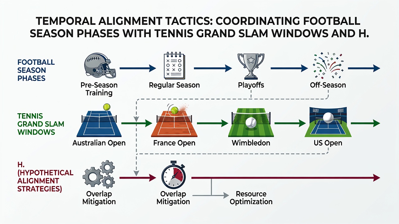 Detailed timeline chart illustrating specific date overlaps between major football matches, tennis tournaments, and horse racing festivals in 2026