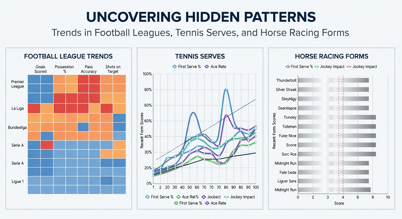 Collage of football stadium action, tennis player serving, and horse racing starting gate, highlighting data trends overlaid on each sport