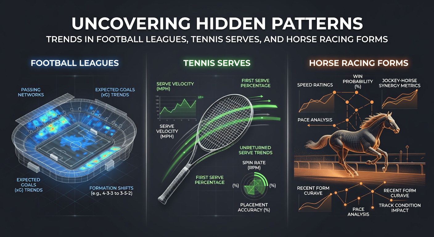 Data visualization charts comparing serve hold percentages in tennis, home win streaks in football, and pace ratings in horse racing forms