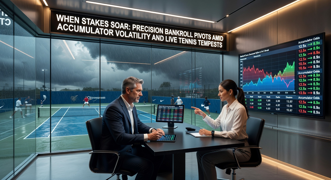 Graph showing bankroll fluctuations during a live tennis accumulator bet, with sharp peaks and dips representing volatility spikes
