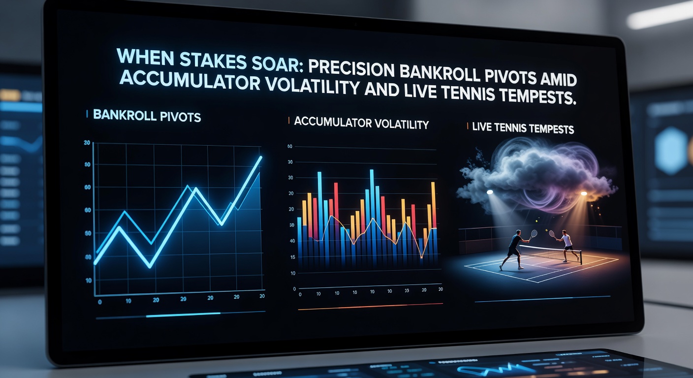 Close-up of a tennis player mid-serve during a tense tiebreak, overlaid with bankroll adjustment charts illustrating stake pivots in real-time