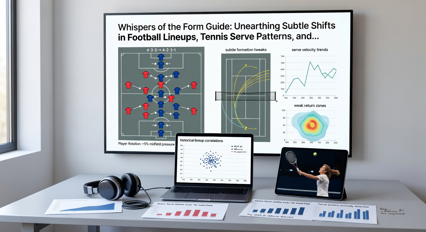 Tennis player mid-serve with overlaid stats showing pattern shifts from wide to body targets across recent matches